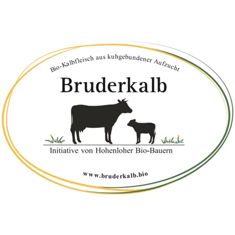 Bruderkalb-Logo: Bio-Kalbfleisch aus kuhgebundener Aufzucht, Kuh mit Kalb auf Wiese, Initiative Hohenloher Bio-Bauern